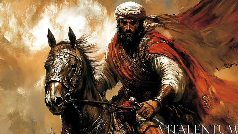 Warrior on armored horse in dynamic desert battle scene.