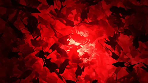 Backlit crimson leaf silhouettes generate dense abstract depth