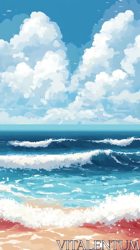 Layered wave dynamics under cumulus cloud field in pixel seascape