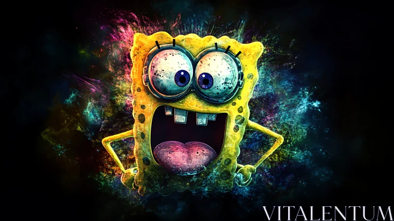 Cartoon sponge character rendered with intense neon lighting