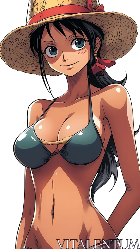 Straw hat anime girl in teal bikini under bright light.