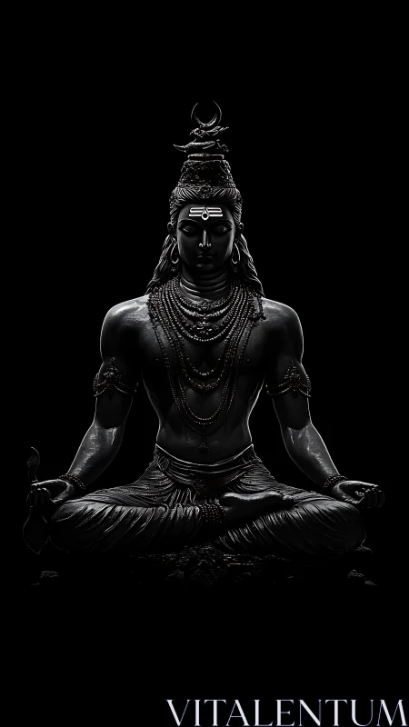 Shiva statue glows in dramatic monochrome spiritual focus.