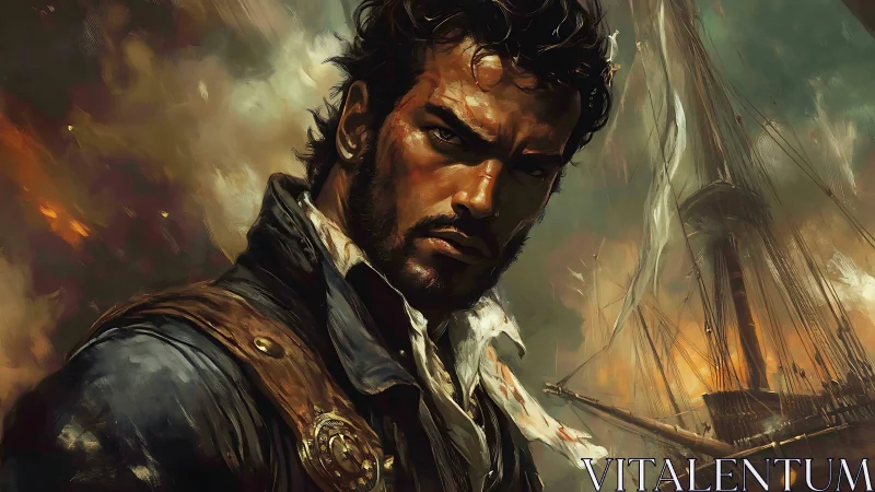 Defiant sea captain stands before burning battle-torn ship.