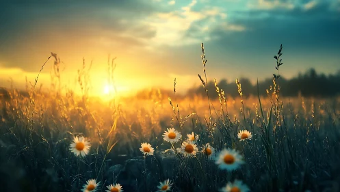Golden sunrise washes dewy wildflower meadow in soft glow.