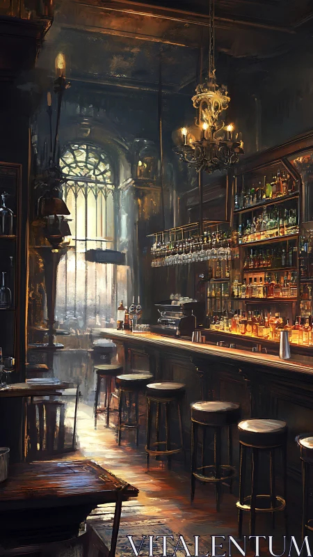 Warm, dimly lit vintage bar interior with tall arched window.