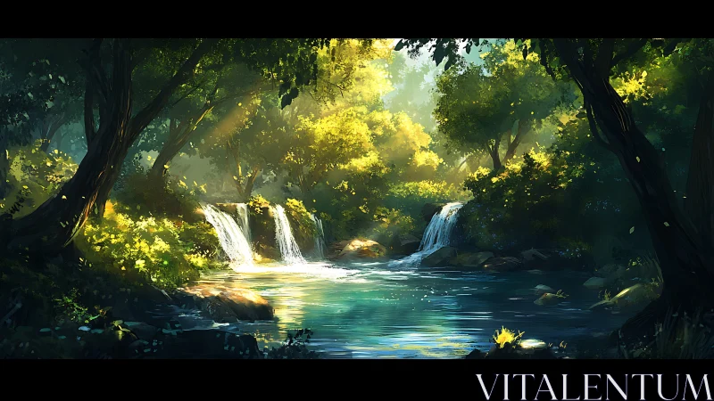 Forest Waterfall Landscape with Dual Cascades and Verdant Canopy
