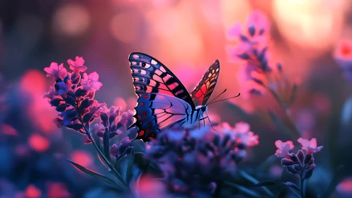 Butterfly rests in glowing neon twilight garden bloom.