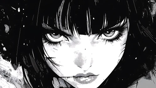 Intense monochrome anime girl portrait with fierce gaze.