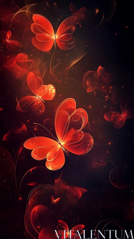 Luminous red butterflies drift through a cosmic night glow.