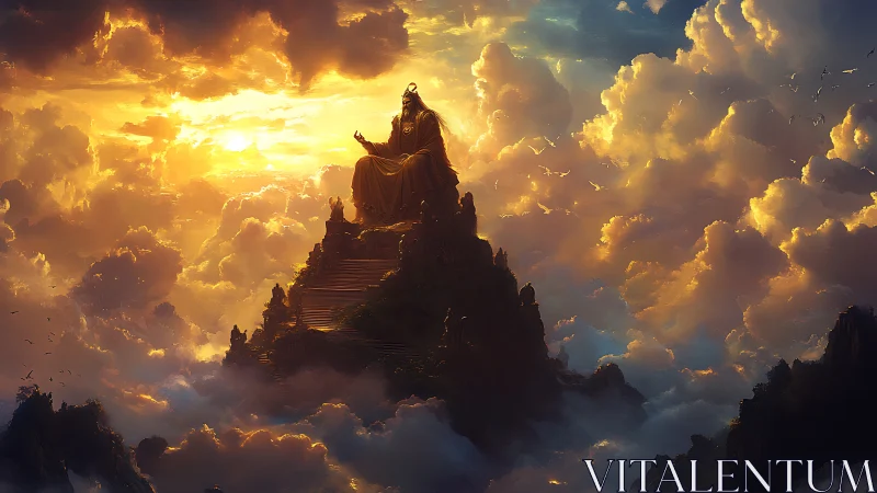 Sunlit sky throne crowns a lone god above stormy clouds