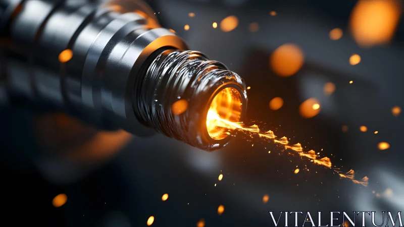 Close-up of Metal Drill Bit in Action with Flying Sparks, Modern Style.