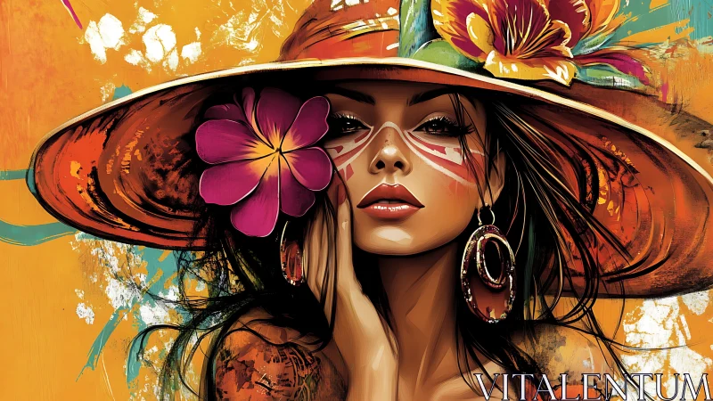 Sunlit muse in a painted hat of wild tropical thunder.