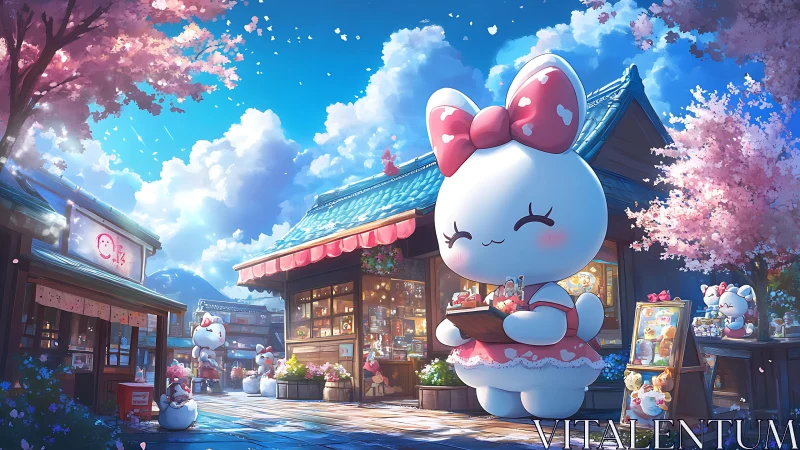 Kawaii bunny mascot serves sweets in a cherry blossom market.