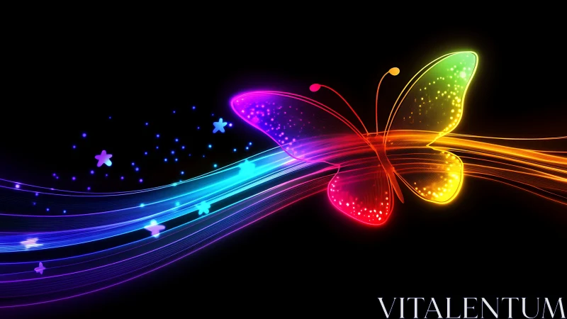 Luminescent neon butterfly arcs across chromatic light streams