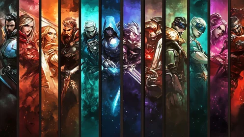 Row of stylized armored heroes in segmented color panels.