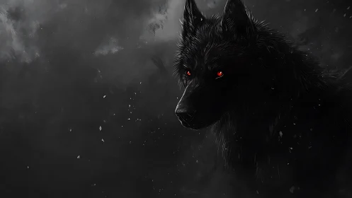 Shadow-cloaked black wolf with burning crimson eyes poised.