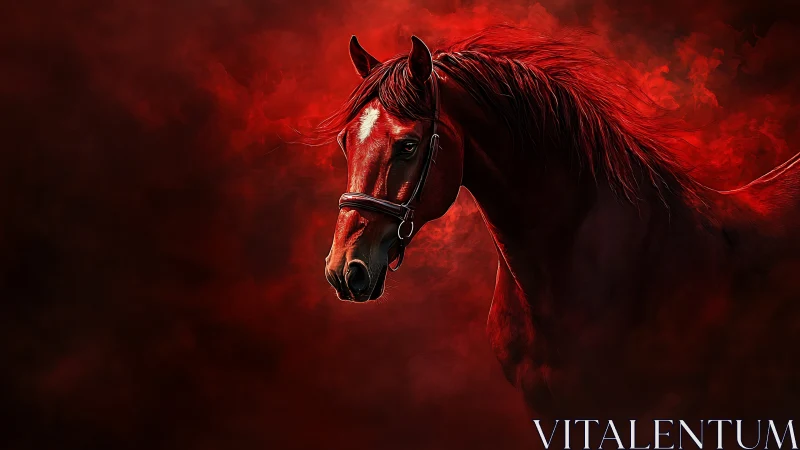 High-contrast red horse portrait with dramatic smoke rendering