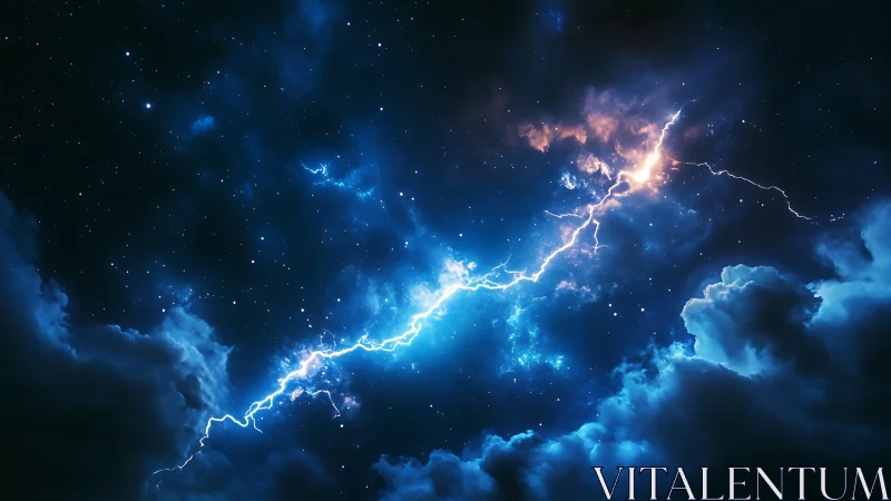 Cosmic lightning rips through storm clouds under starfield
