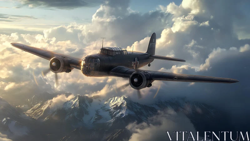 Twin engine military aircraft flies above sunlit clouds