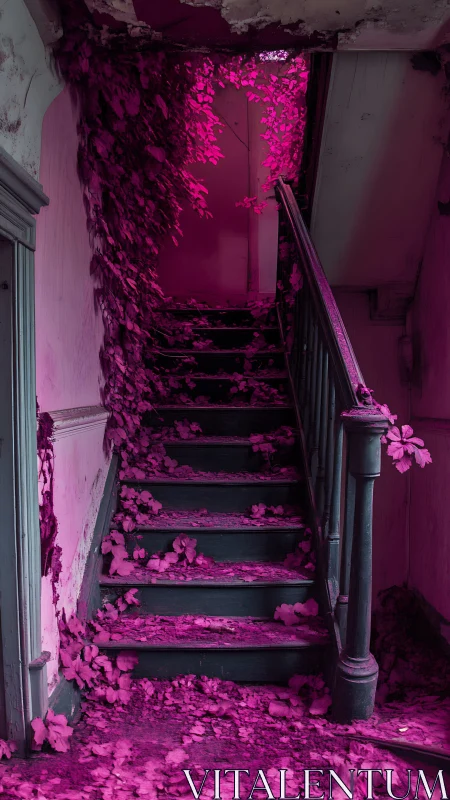Overgrown interior staircase under saturated magenta foliage glow