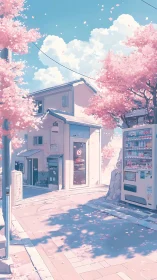 Soft-lit sakura-lined Japanese street rendered in pastel anime