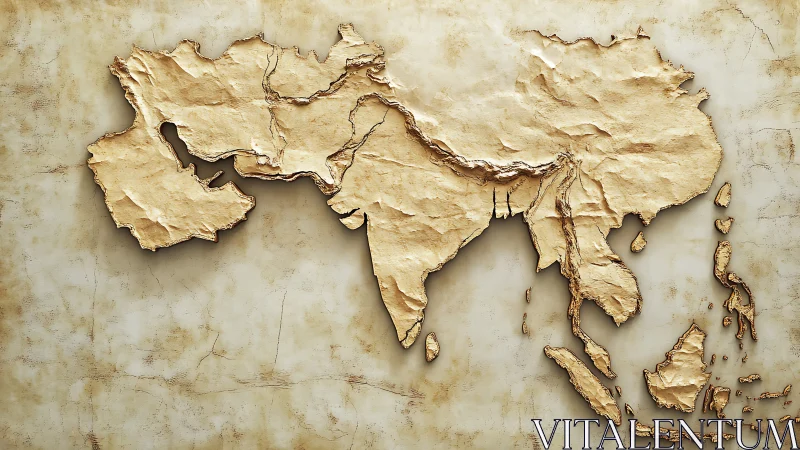Embossed parchment relief map of Asia and Middle East regions.