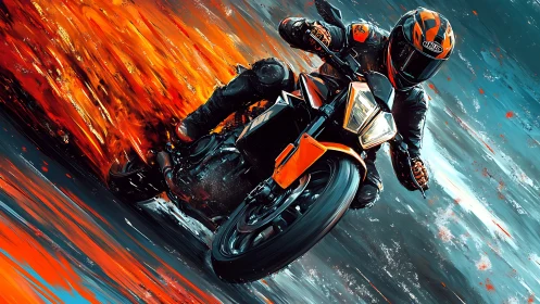 Dynamic digital painting of racing motorcycle in motion trail.