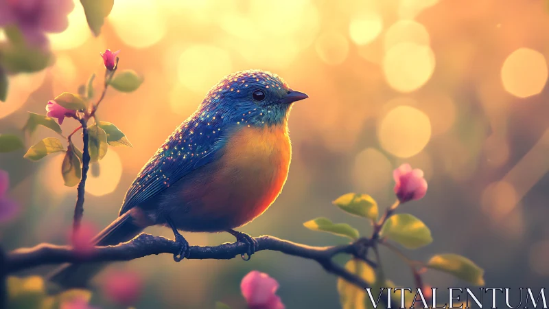 Vibrant blue and orange bird on blossom branch, dreamy bokeh art.
