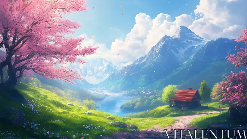 Spring valley cabin beneath radiant alpine peaks.