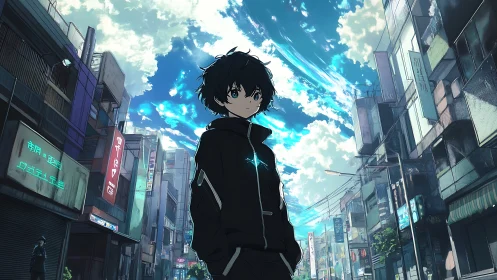Teen boy in black hoodie stands in neon lit city street.
