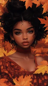 Autumn portrait of a serene woman framed in fiery maple leaves