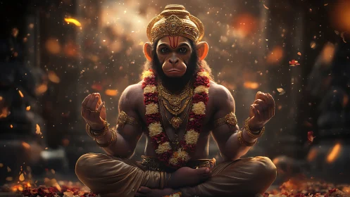 Divine simian yogi in temple glow with drifting petals.