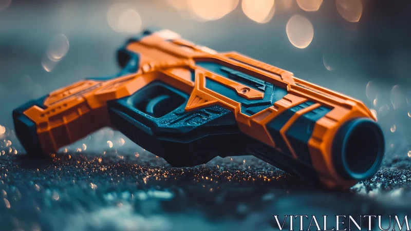 Cyberpunk macro of orange tactical pistol on wet ground.