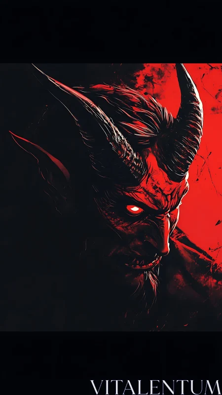 Brooding horned demon emerges from bold red shadows