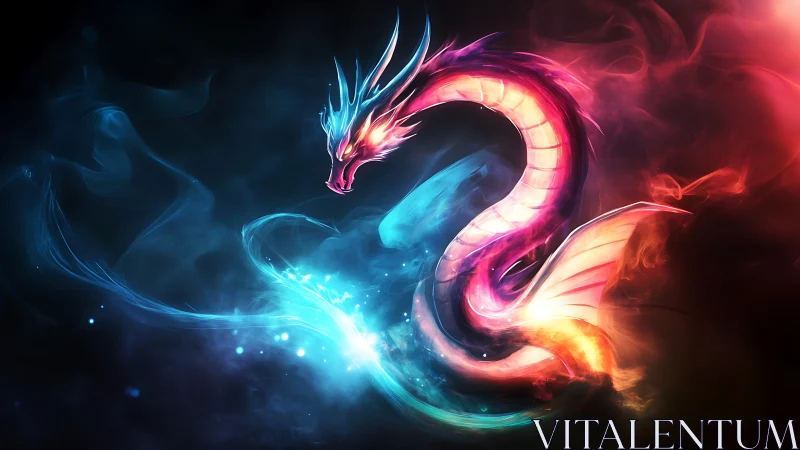 Serpentine dragon glows in blue and red neon light