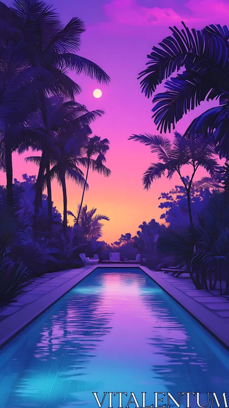 Neon-gradient tropical poolscape under stylized dusk lighting conditions