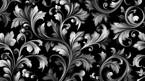 Silver leaf scrolls swirling across deep velvet black.