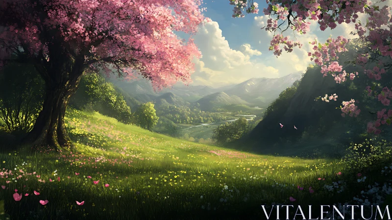 Backlit spring valley with cherry blossoms and layered depth cues