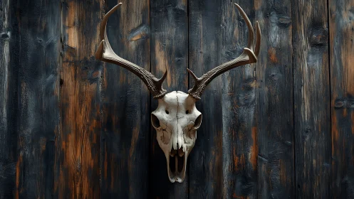 Weathered deer skull mount against charred timber wall.