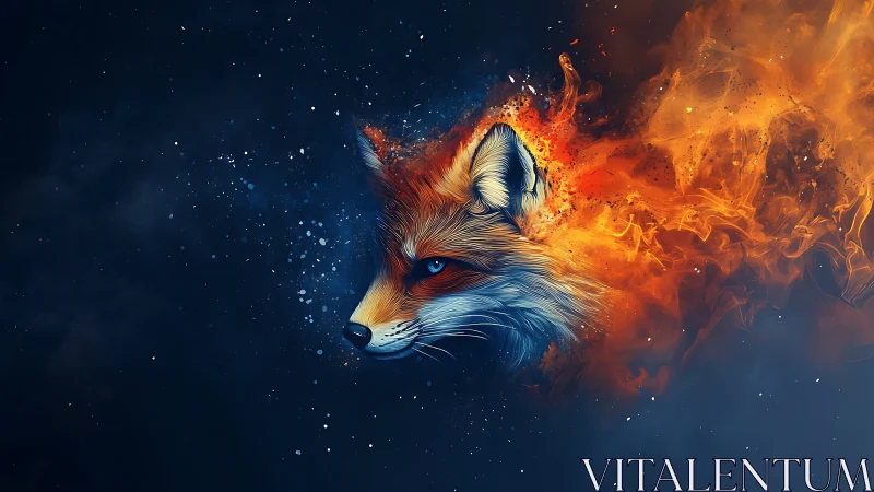 Vivid fox portrait dissolving into nebular flames and sparks.