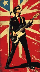 British punk bassist in suit against bold Union Jack backdrop