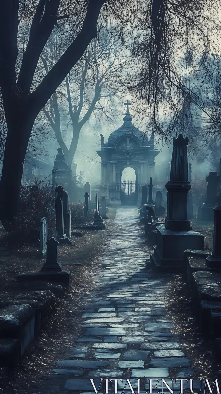 Fog-drowned graveyard path quietly tunnels toward twilight
