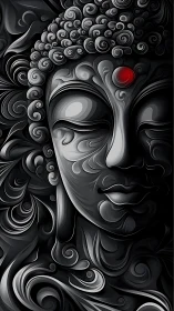 Monochrome stylized Buddha portrait with red forehead jewel