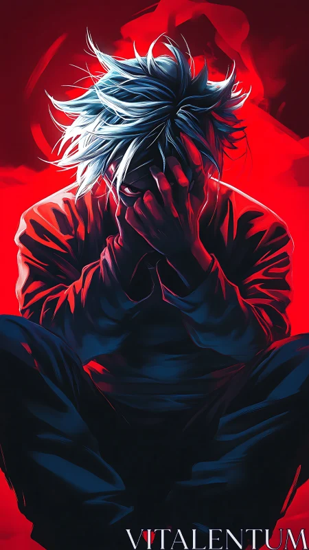 Distressed white haired figure in red and blue lighting.