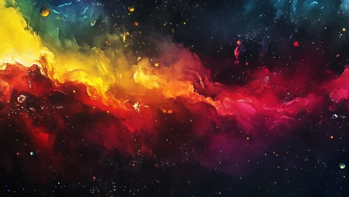 Multicolor gaseous nebula band across dense star field.