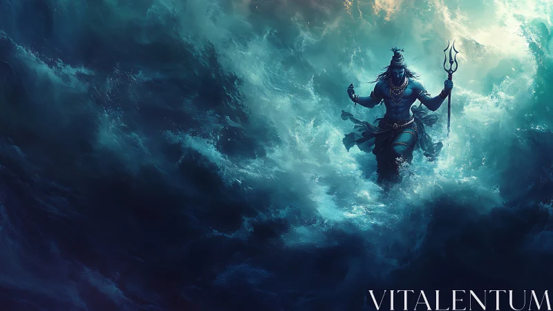 Ocean deity strides through storm waves with glowing trident.