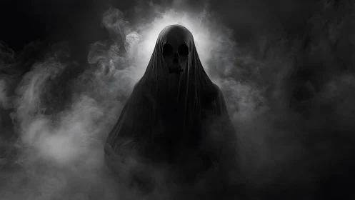 Volumetric specter silhouette in high-contrast monochrome fog.