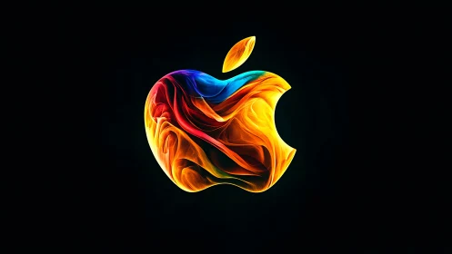 Multicolor fluid-light apple emblem on deep black background.