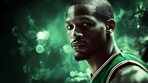 Emerald court lights carve a focused baller from the haze