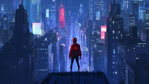 Neon towers await as a hooded spider-hero surveys the storm